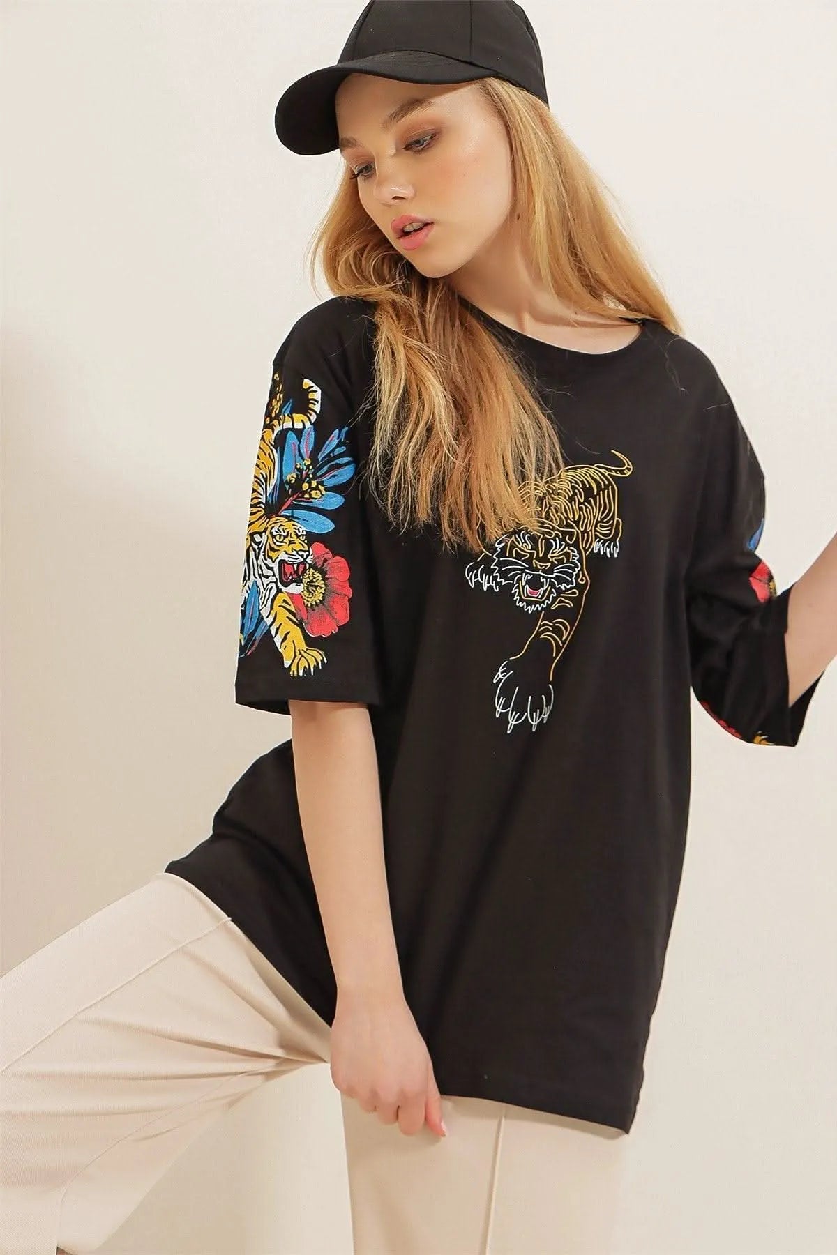 Tiger Flower T-Shirt Oversize Fit Cotton
