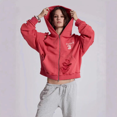 Unisex Distressed Patchwork Zip Hoodie | Streetwear Sweatshirt