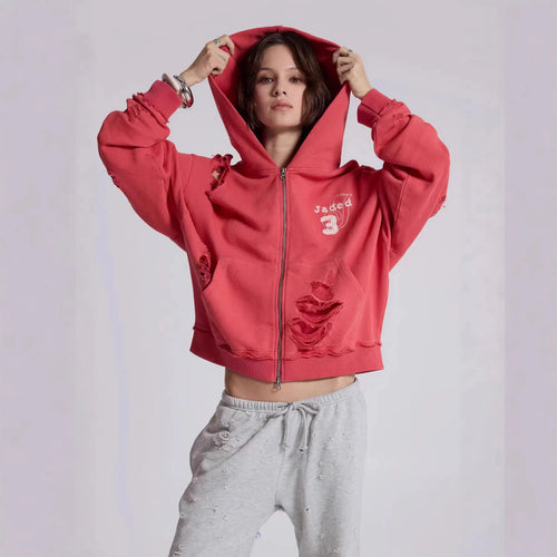 Unisex Distressed Patchwork Zip Hoodie | Streetwear Sweatshirt