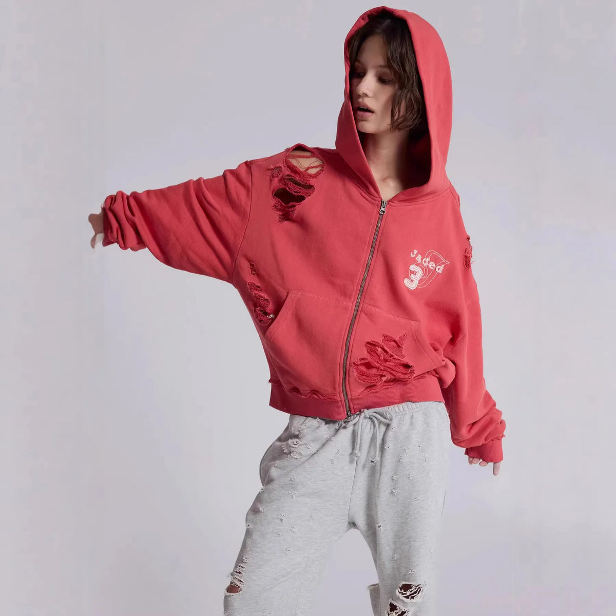 Unisex Distressed Patchwork Zip Hoodie | Streetwear Sweatshirt