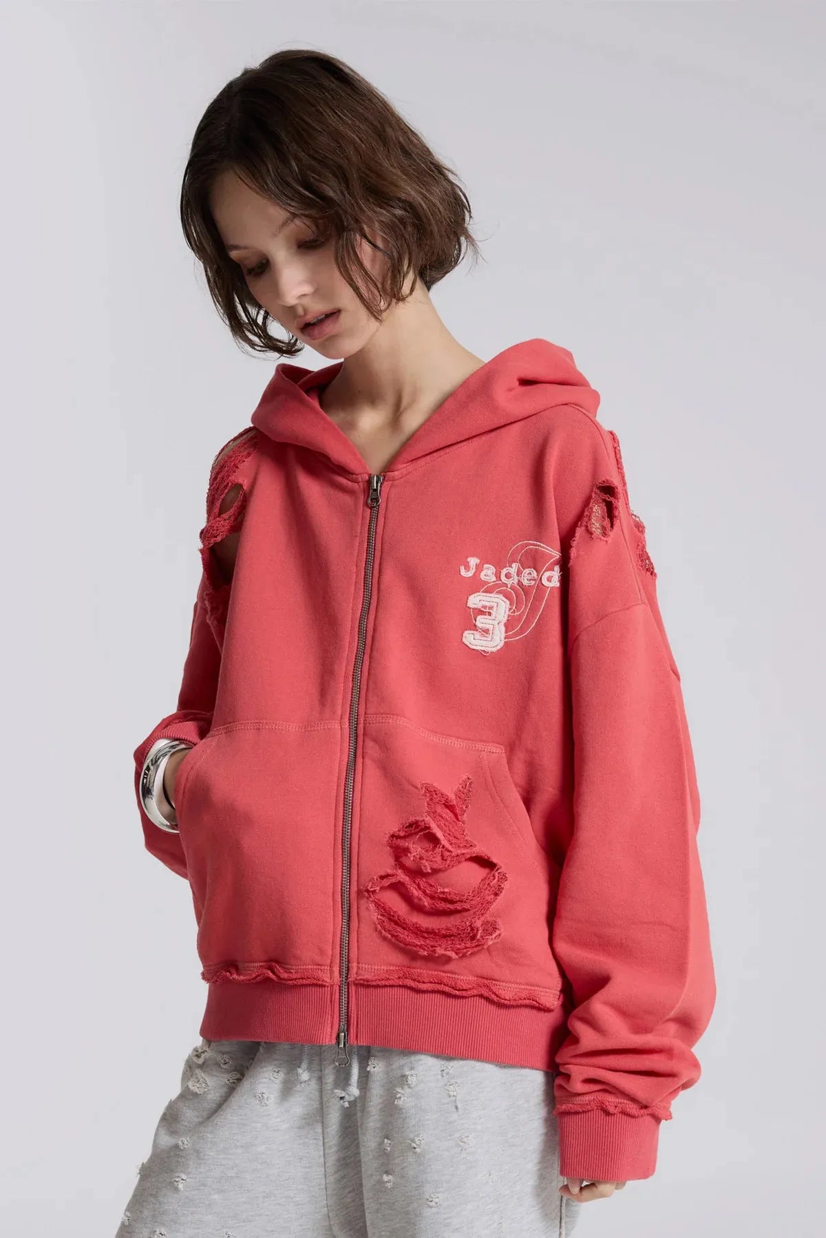 Unisex Distressed Patchwork Zip Hoodie | Streetwear Sweatshirt