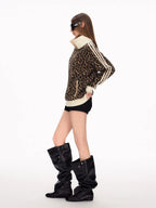 Unisex Retro Leopard Print Waffle Knit Cardigan Jacket