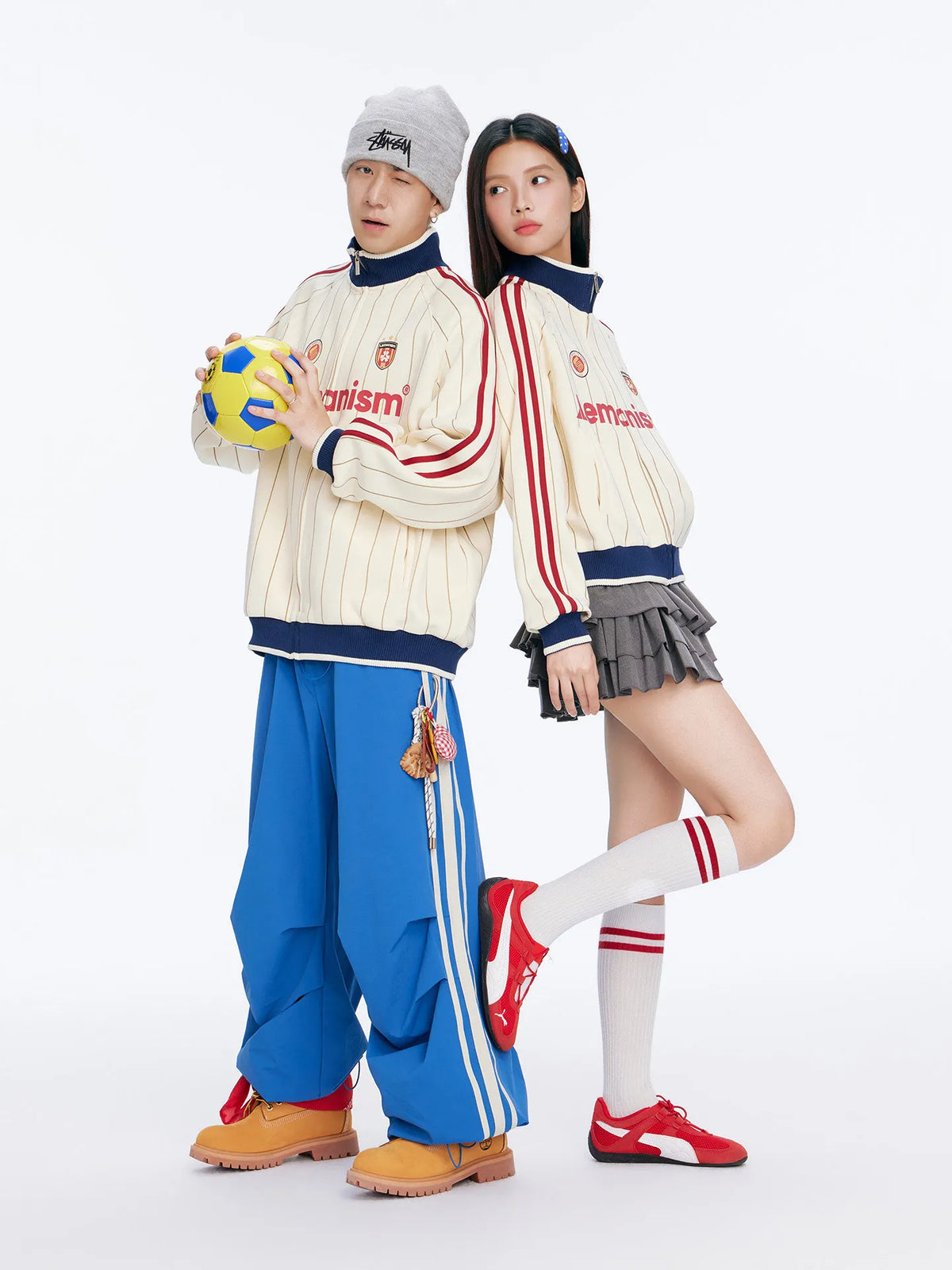 Unisex Two-Stripe Stand Collar Loose Fit Jacket