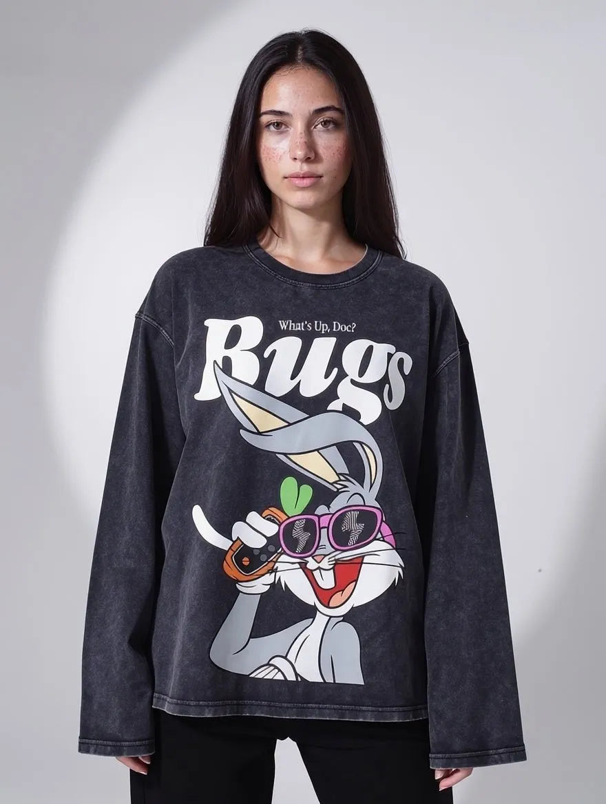 Washed Gray Bugs Long Sleeve T-Shirt | Unisex Oversize Cotton Tee
