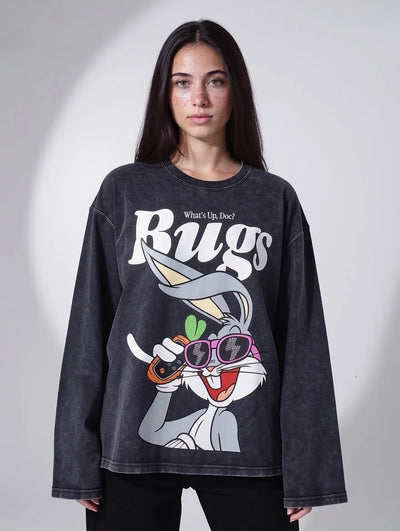 Washed Gray Bugs Long Sleeve T-Shirt | Unisex Oversize Cotton Tee