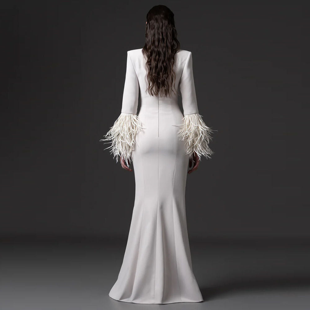 White stand collar maxi dress with heavy beading, side view