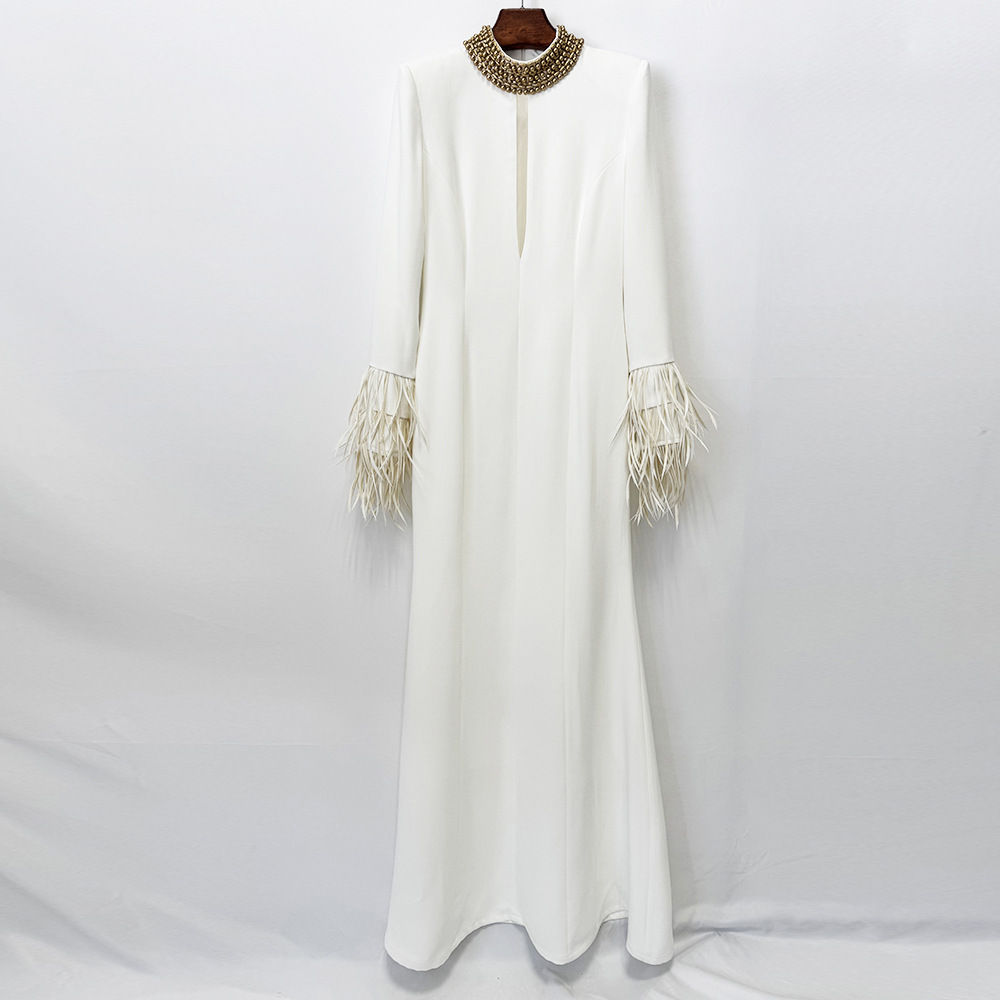 White feather maxi dress with slight train, back view