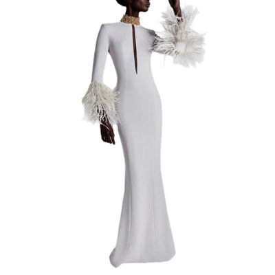 White Beaded Feather Maxi Dress | Stand Collar Long Evening Gown