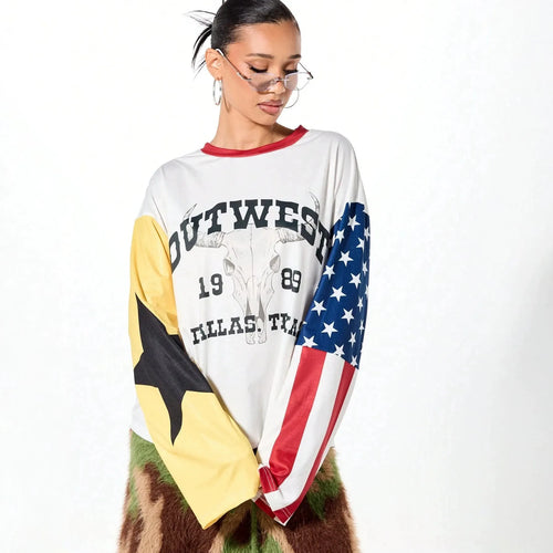 White Graphic Print T-Shirt | Colorblock Patchwork Long Sleeve Top