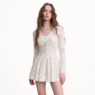 White Lace Mini Dress | Slim Fit French Style V-Neck Gown