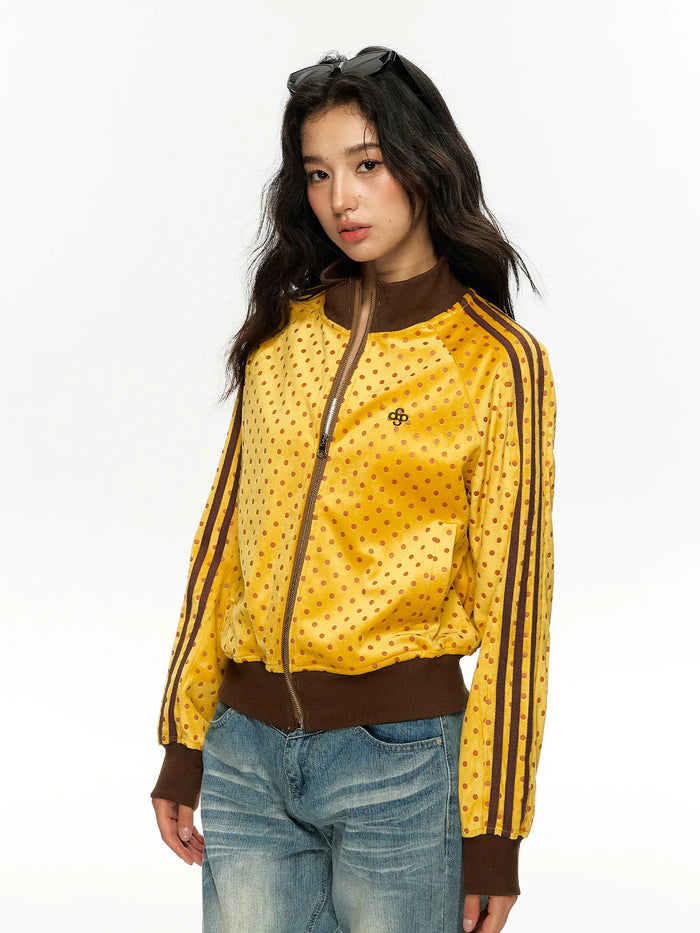 Women's American Retro Polka Dot Stand Collar Jacket Zipper Sweatshirt Coat