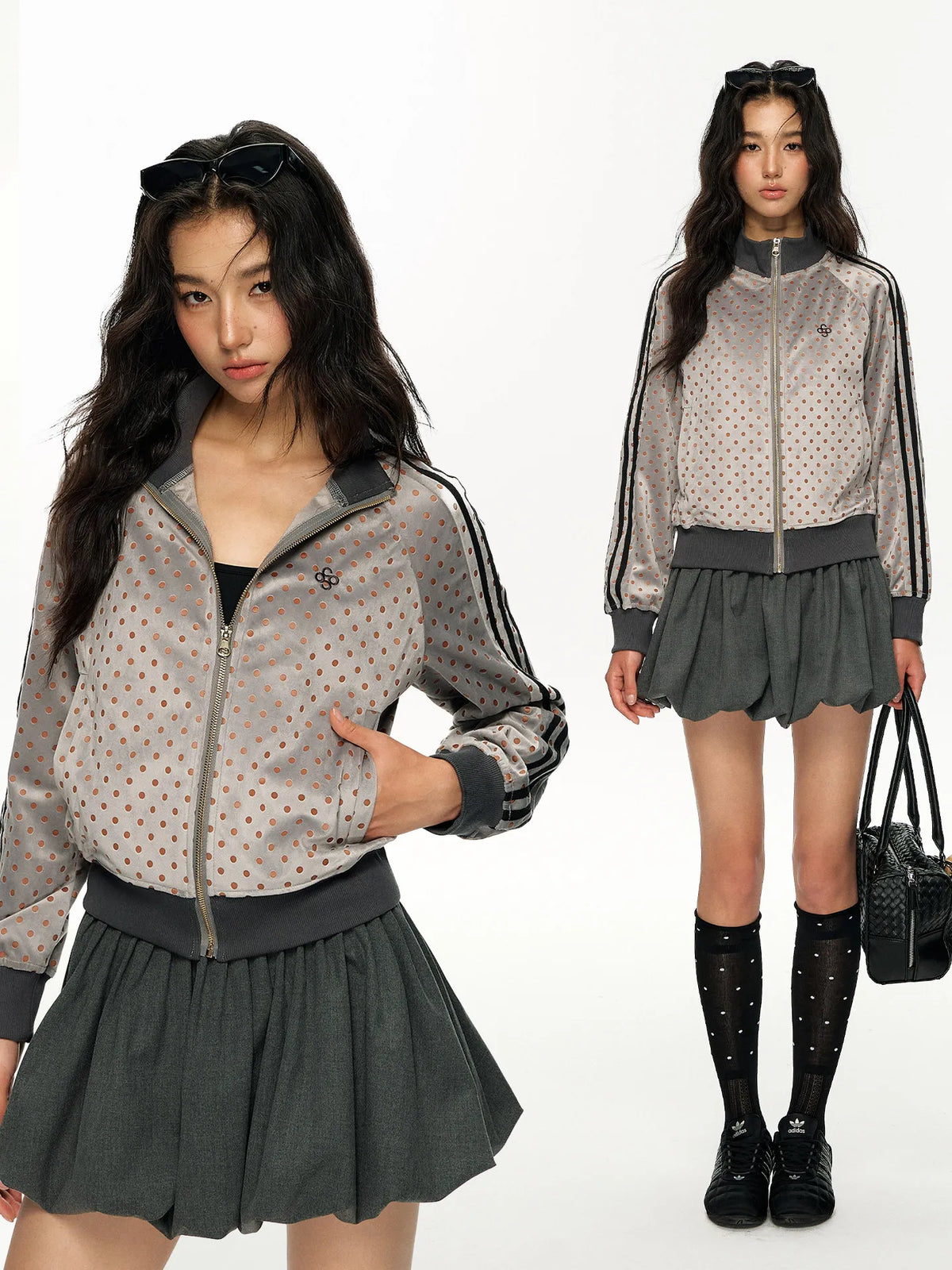 Women's American Retro Polka Dot Stand Collar Jacket Zipper Sweatshirt Coat