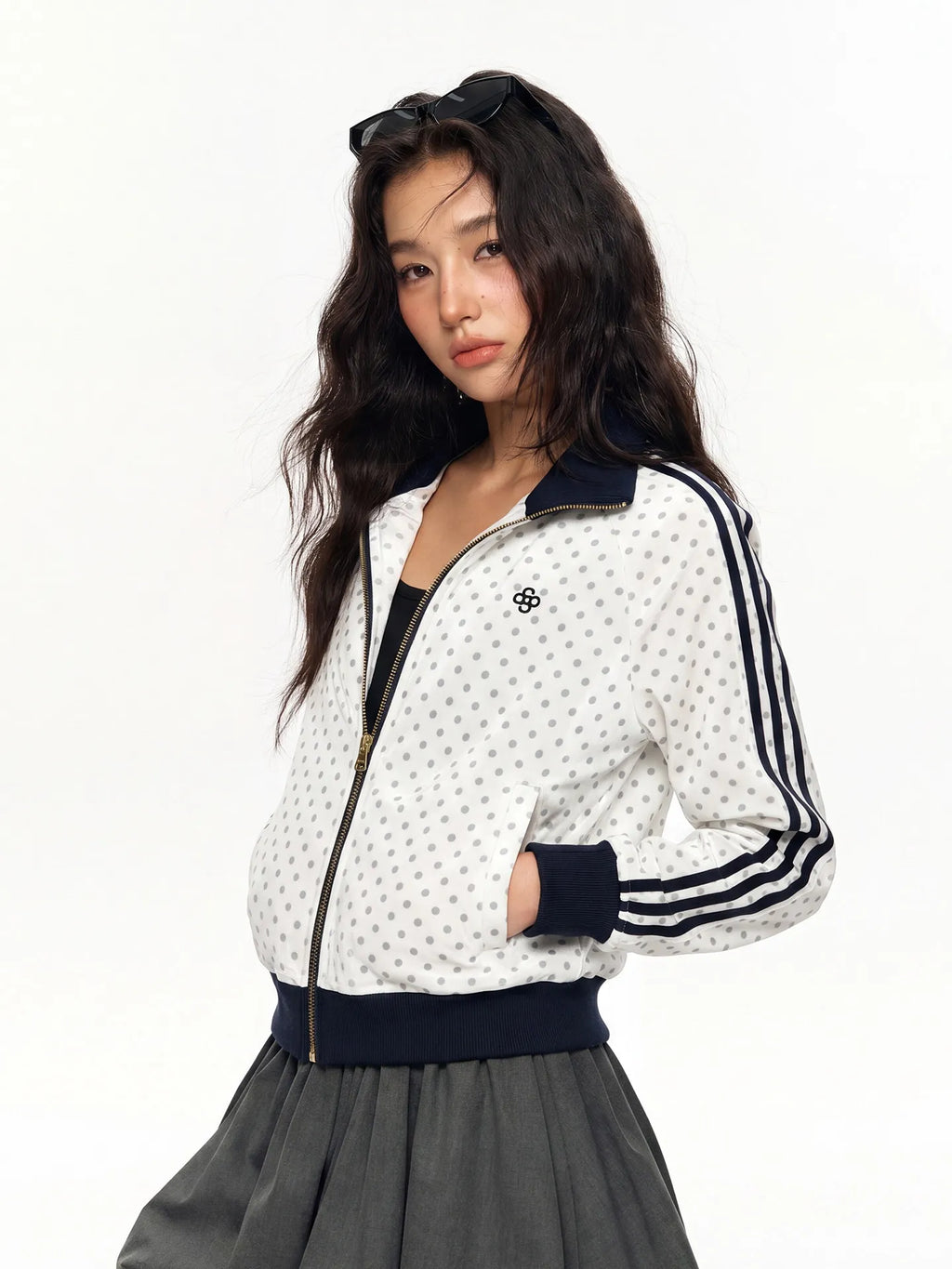 Women's American Retro Polka Dot Stand Collar Jacket Zipper Sweatshirt Coat