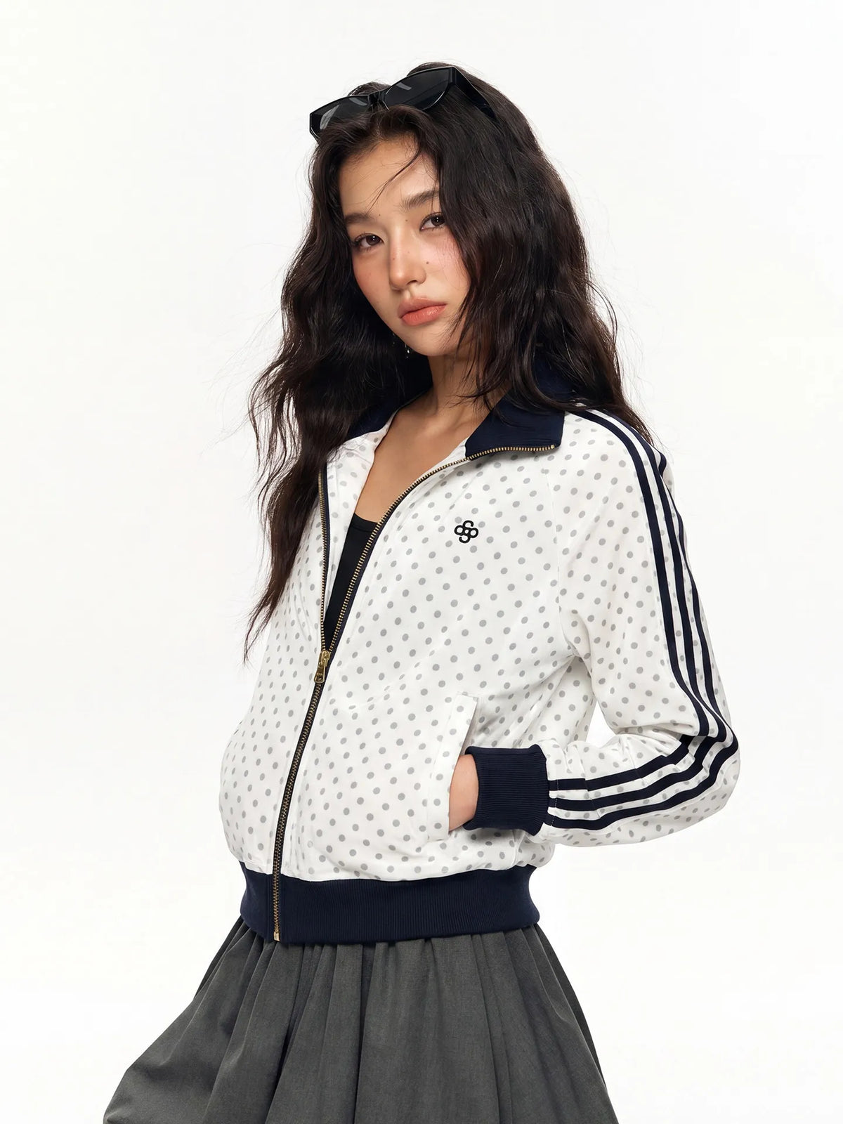 Women's American Retro Polka Dot Stand Collar Jacket Zipper Sweatshirt Coat
