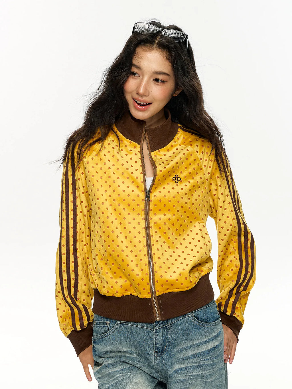 Women's American Retro Polka Dot Stand Collar Jacket Zipper Sweatshirt Coat