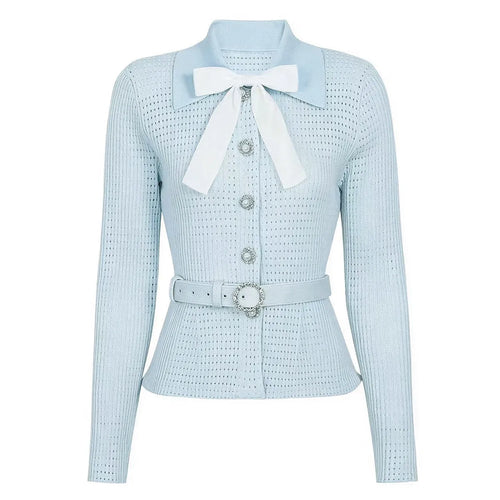Women's Bow Knit Cardigan Sweater | Elegant Long Sleeve Lapel Top