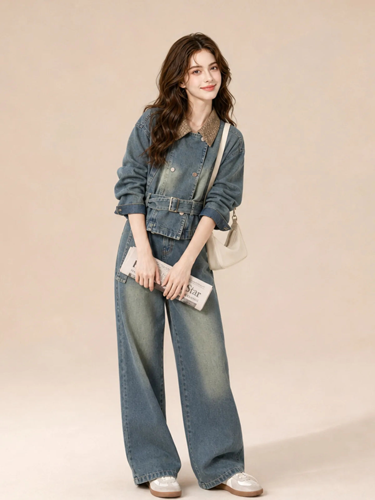 Women's Casual Retro Denim Jacket and High Waist Trousers Set