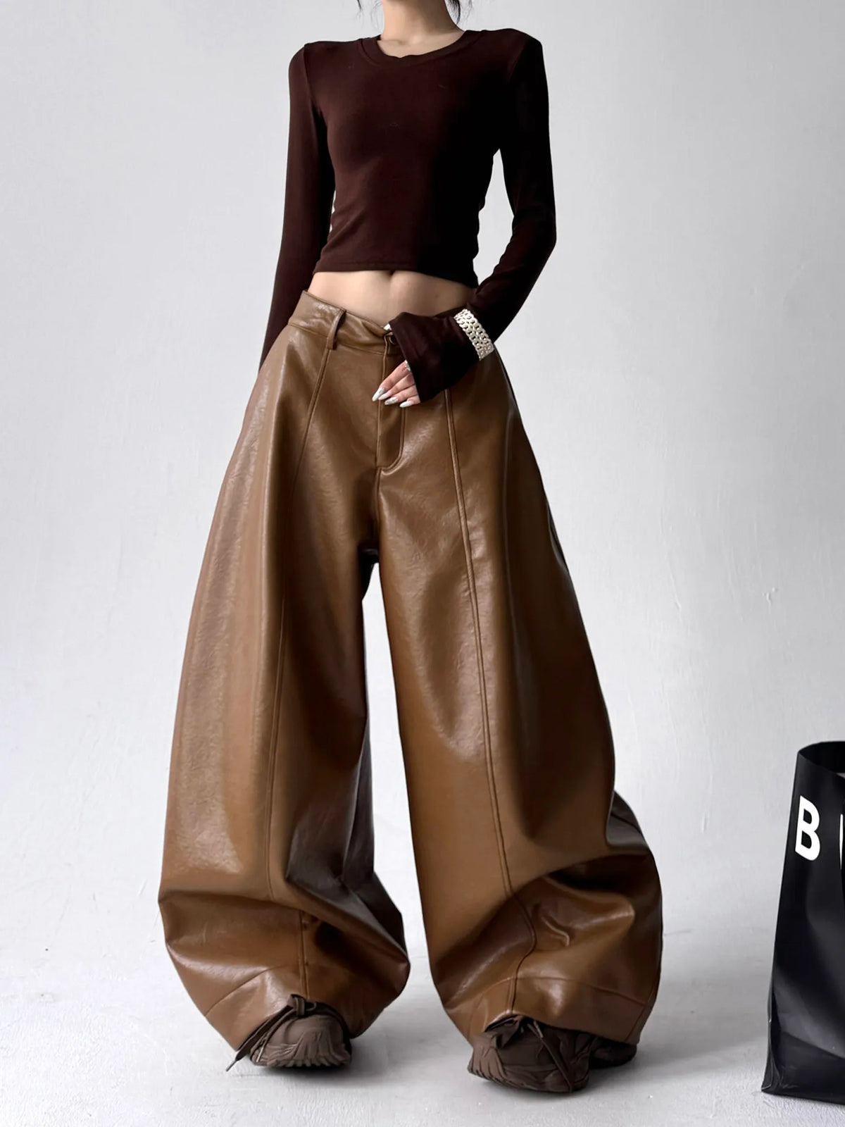 Women's Casual Retro PU Loose Straight Trousers