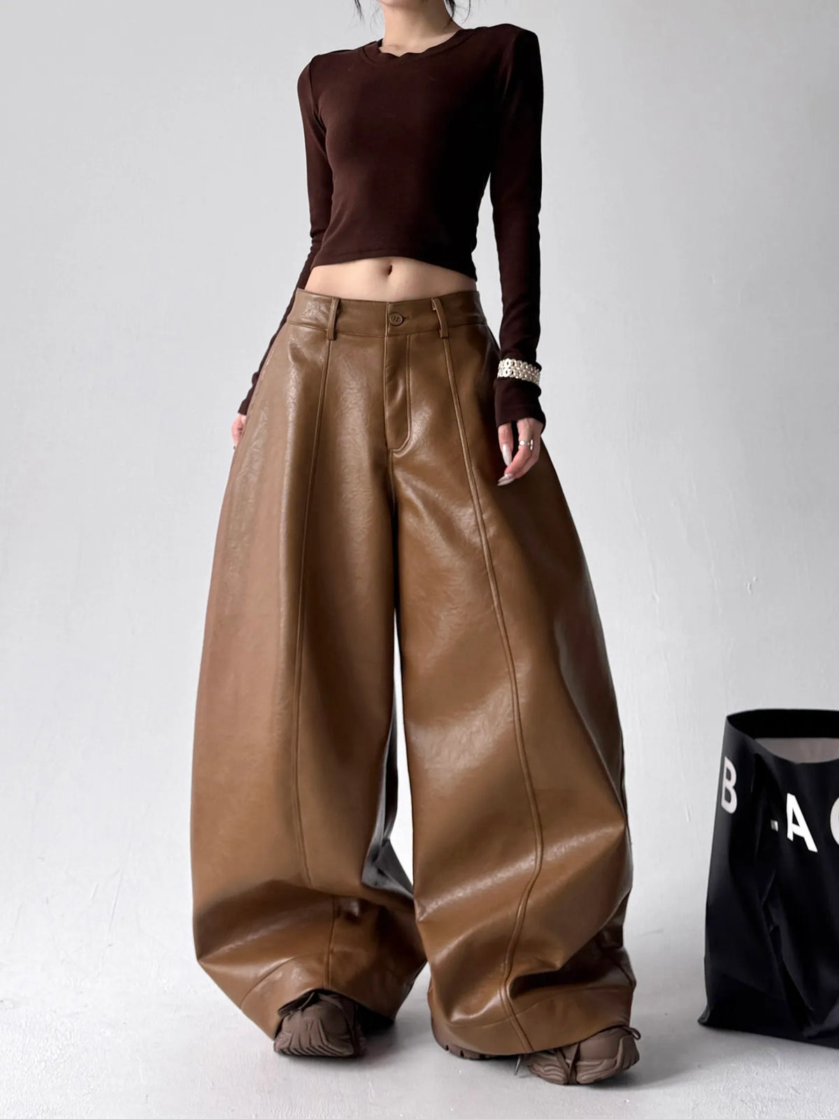 Women's Casual Retro PU Loose Straight Trousers