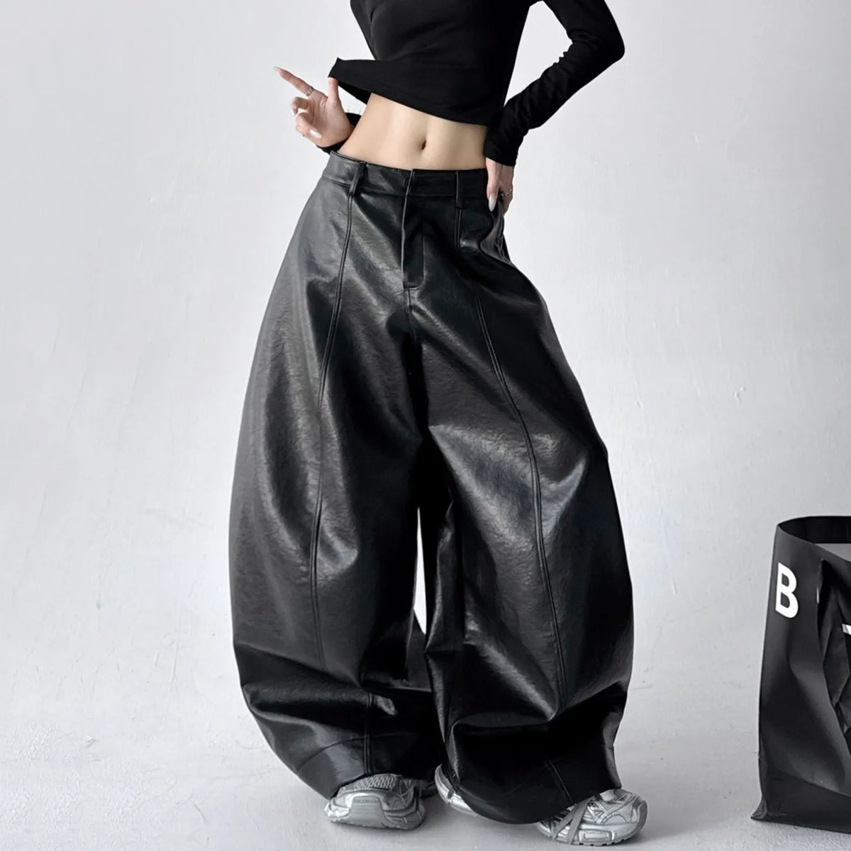 Women's Casual Retro PU Loose Straight Trousers