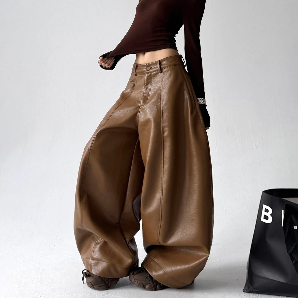 Women's Casual Retro PU Loose Straight Trousers