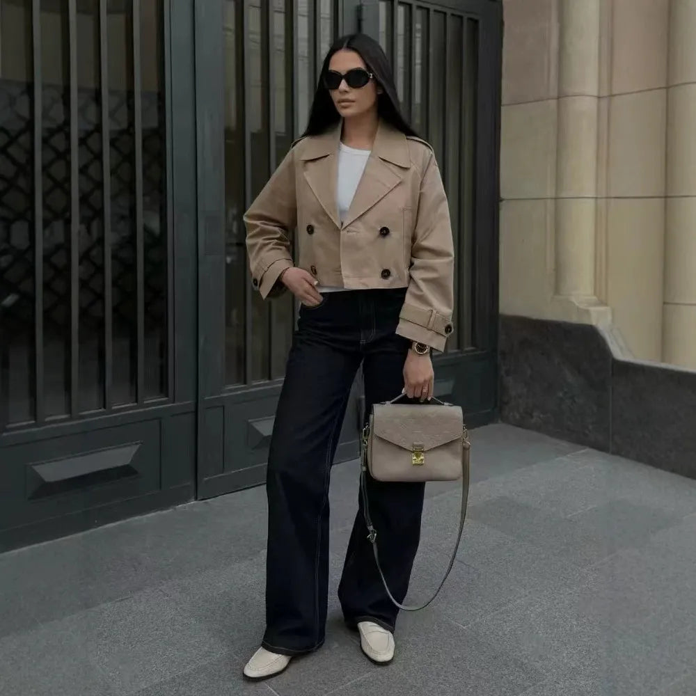 Women's Casual Short Double-Breasted Trench Coat Jacket
