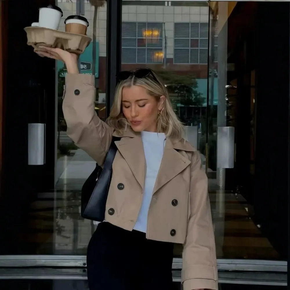 Women's Casual Short Double-Breasted Trench Coat Jacket