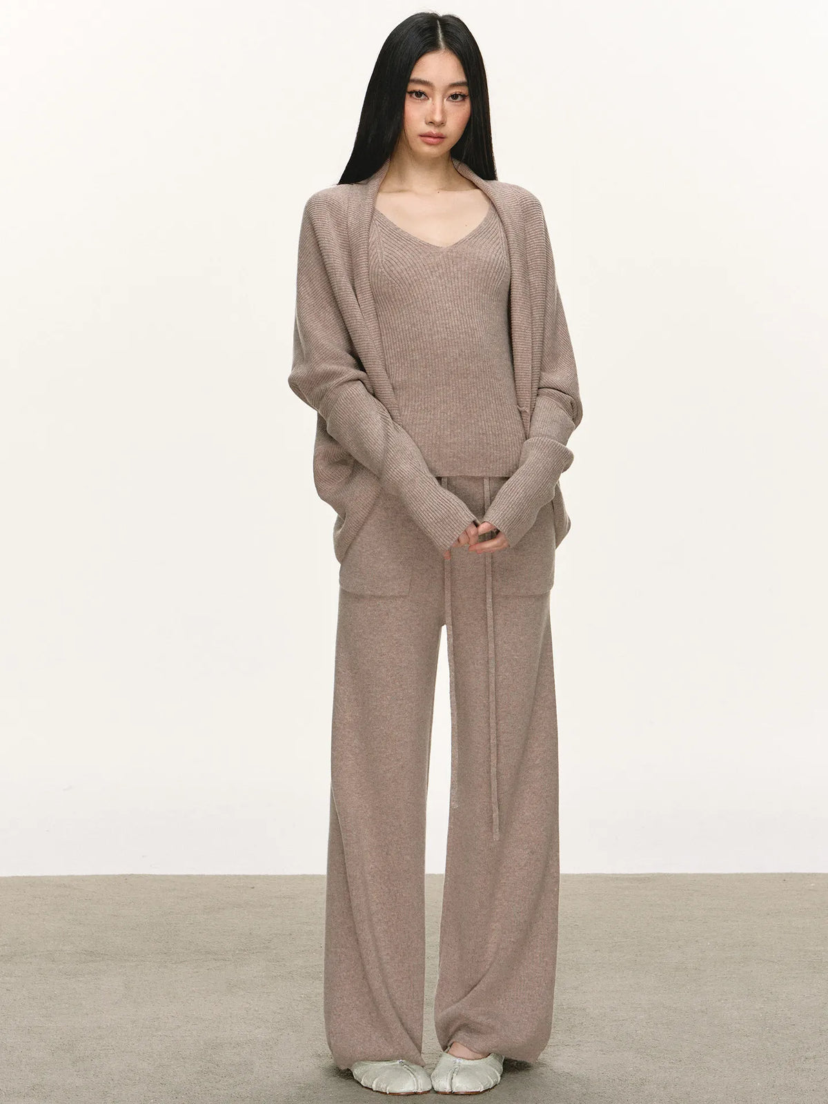 Women's Casual Wool Knit Cardigan Vest and Pants Set
