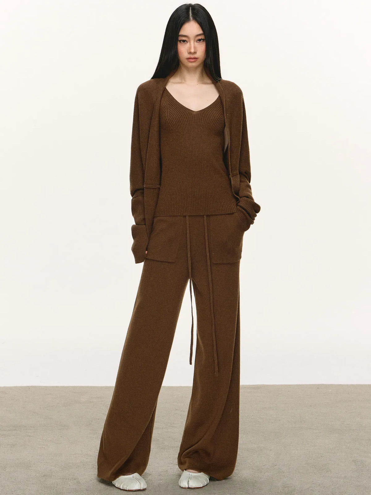Women's Casual Wool Knit Cardigan Vest and Pants Set