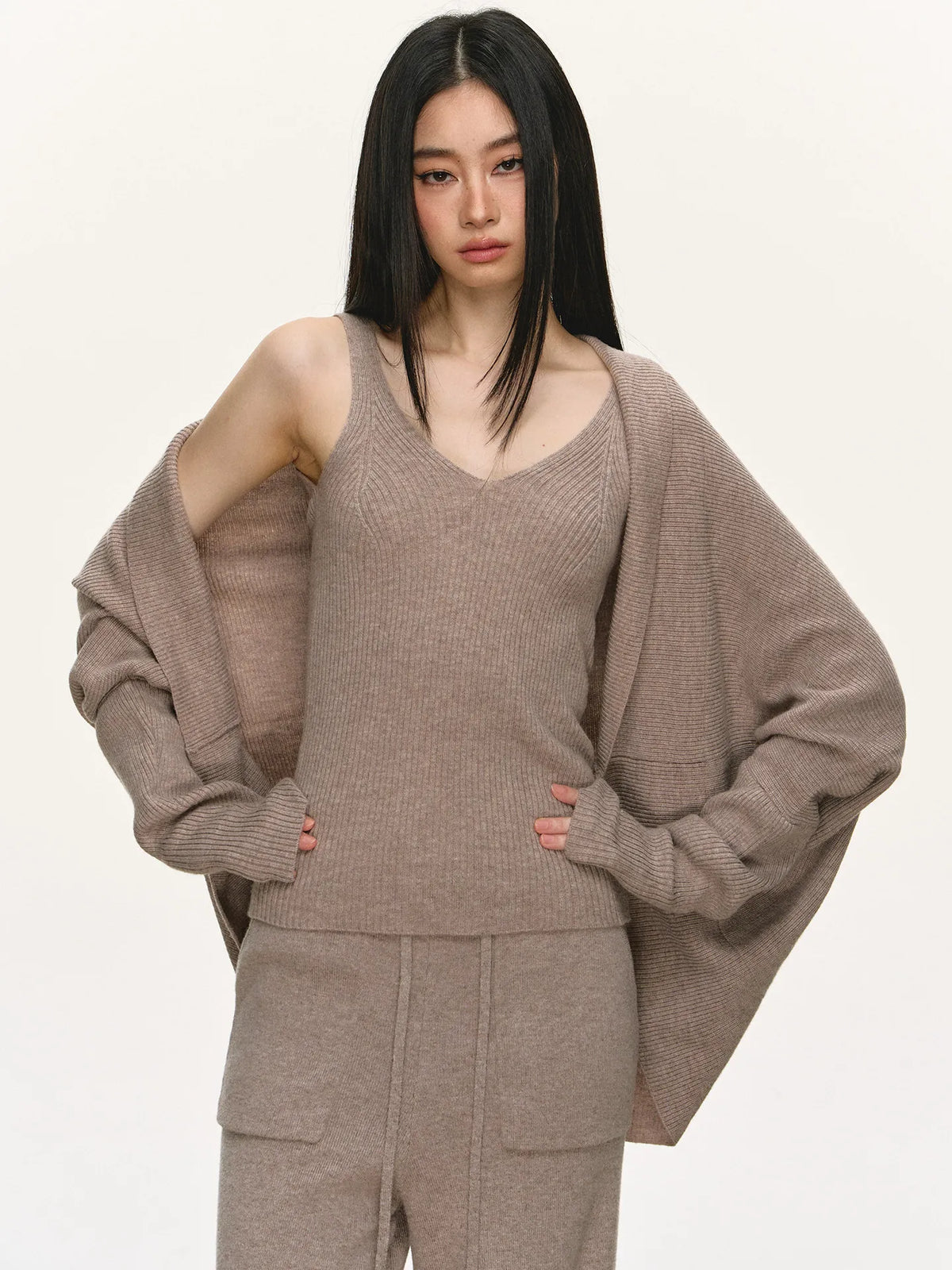 Women's Casual Wool Knit Cardigan Vest and Pants Set
