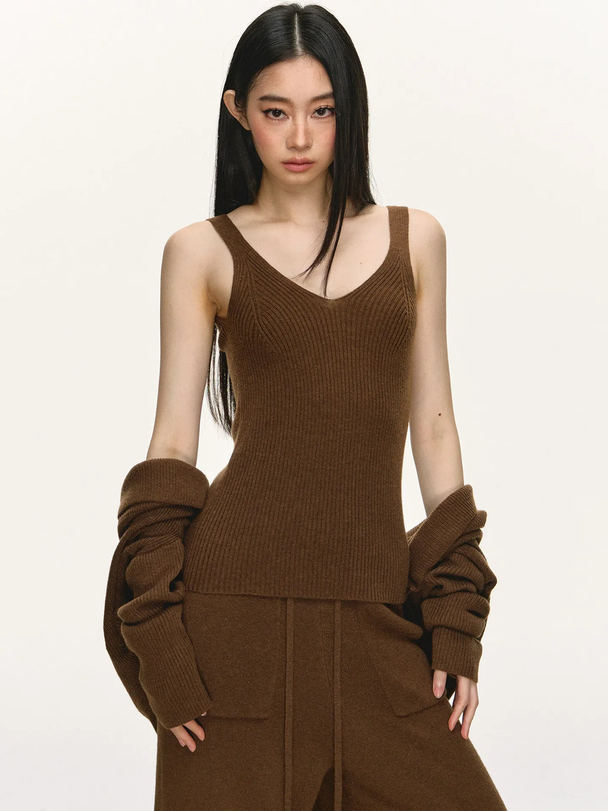 Women's Casual Wool Knit Cardigan Vest and Pants Set