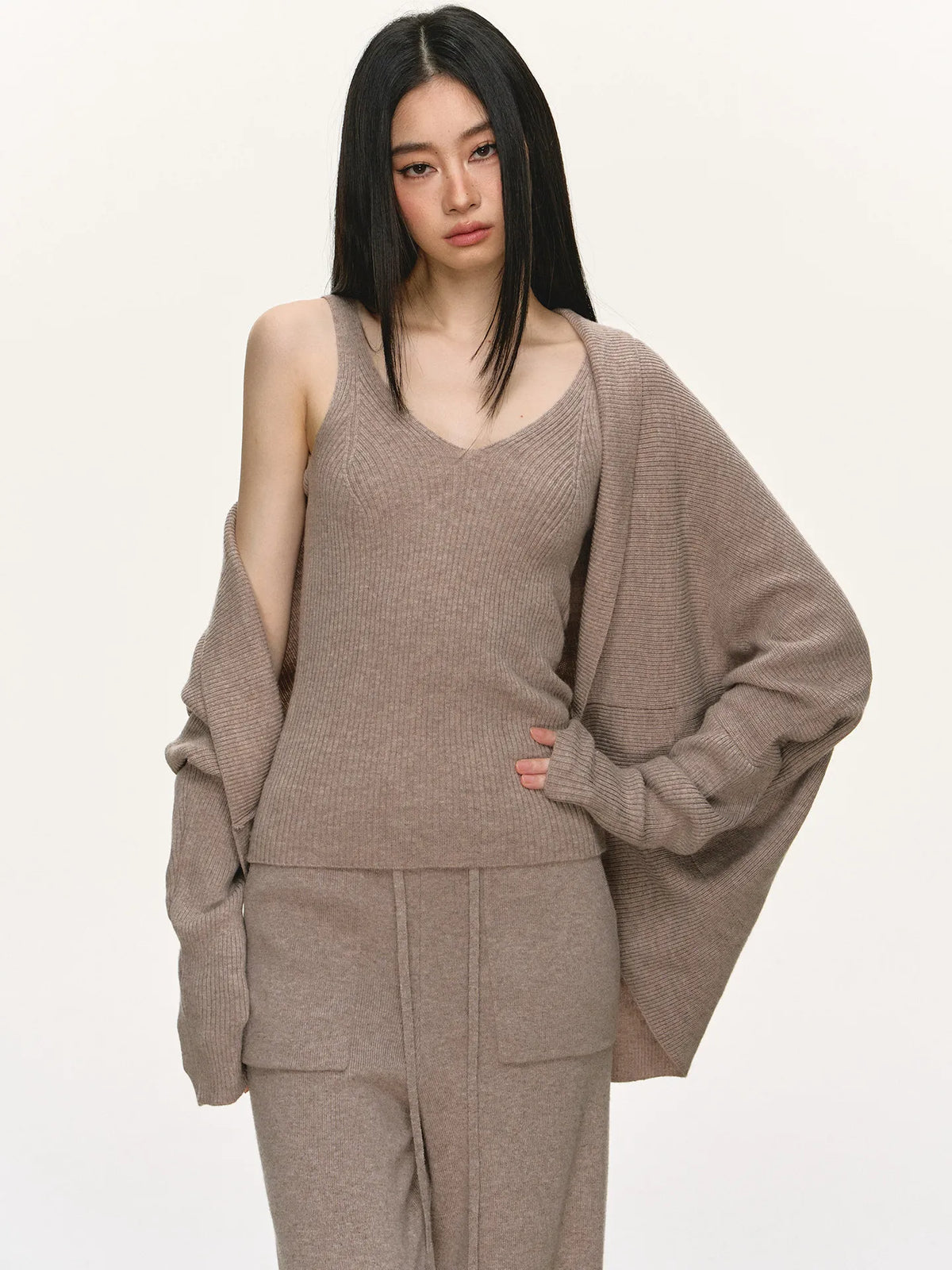 Women's Casual Wool Knit Cardigan Vest and Pants Set