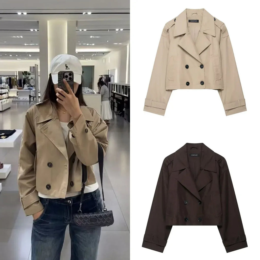 Women's Classic Lapel Short Trench Coat Jacket