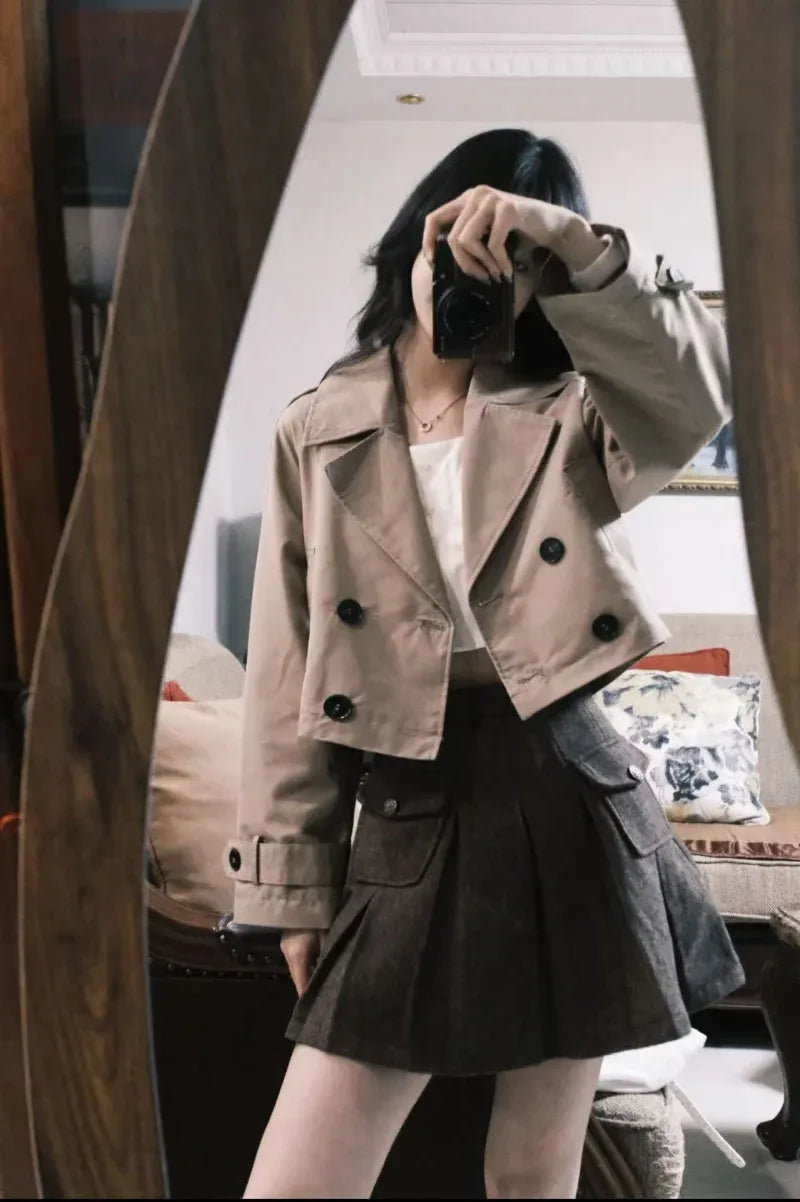 Women's Classic Lapel Short Trench Coat Jacket