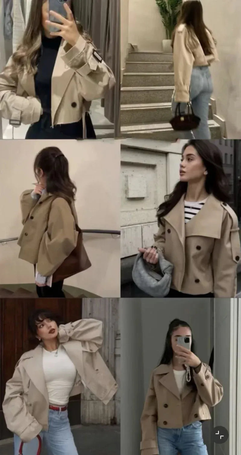 Women's Classic Lapel Short Trench Coat Jacket