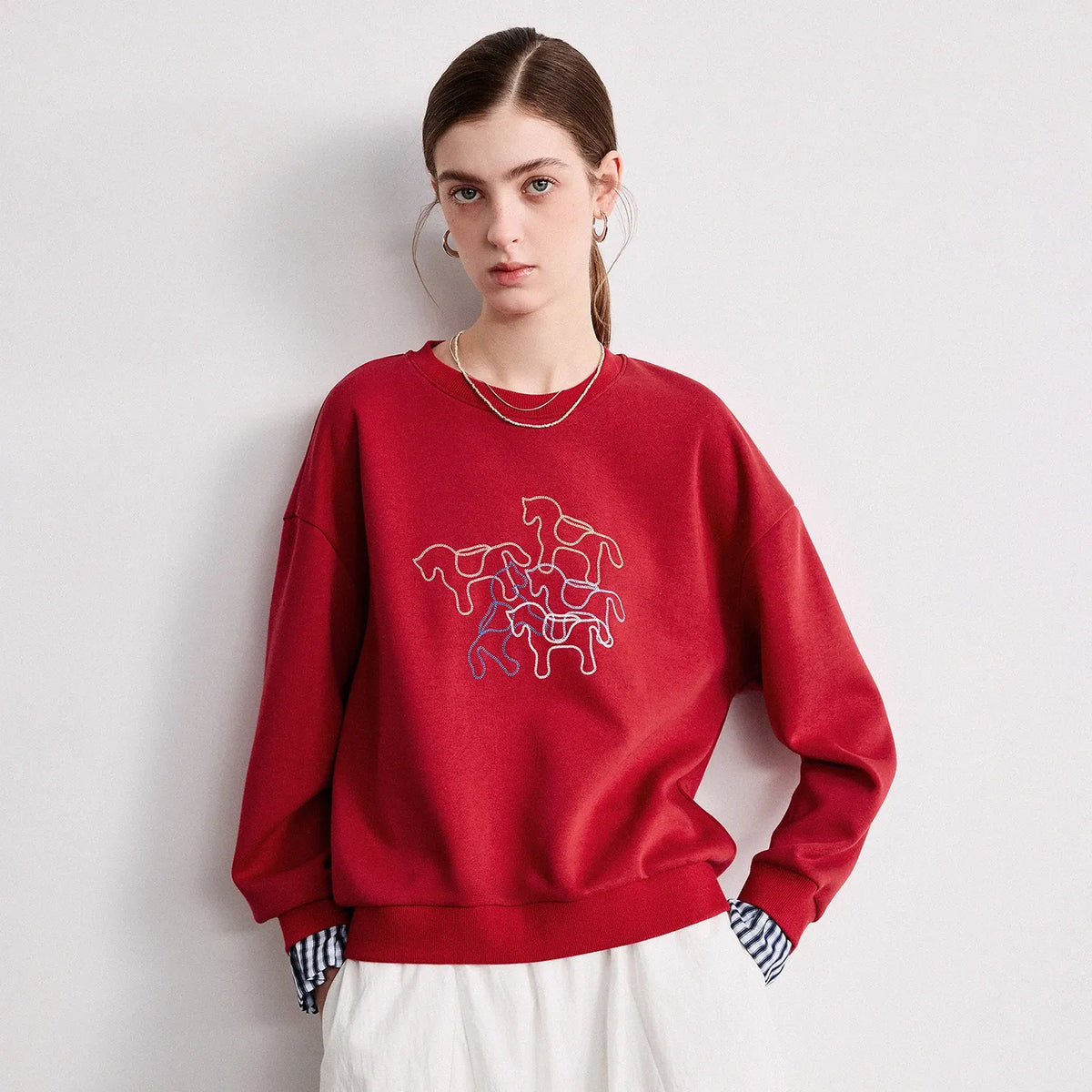 Women's Crewneck Patchwork Plaid Fake Two-Piece Loose Sweatshirt