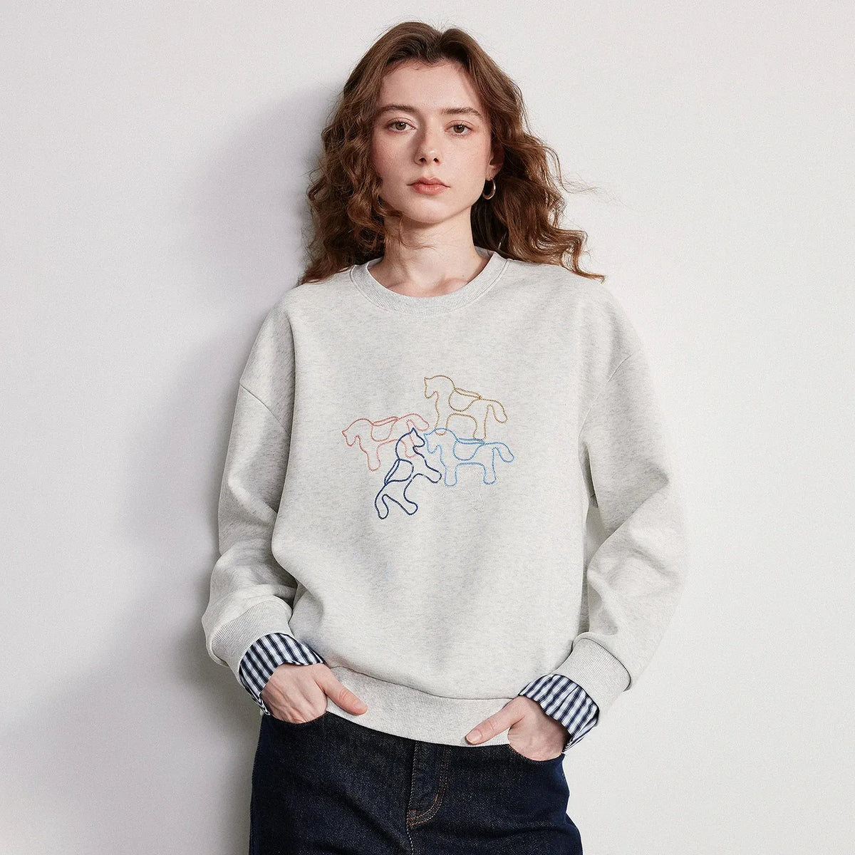 Women's Crewneck Patchwork Plaid Fake Two-Piece Loose Sweatshirt