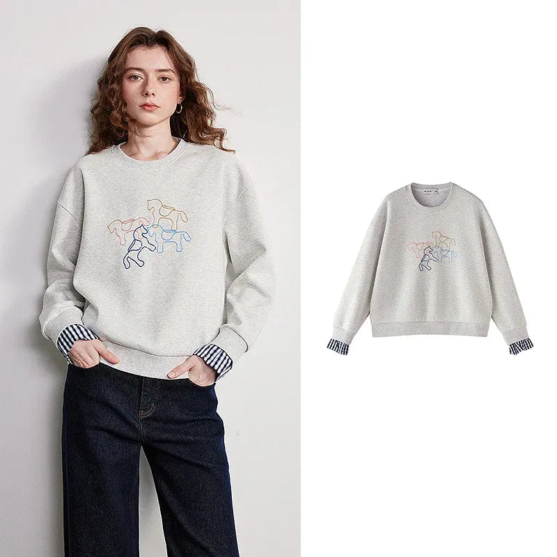 Women's Crewneck Patchwork Plaid Fake Two-Piece Loose Sweatshirt