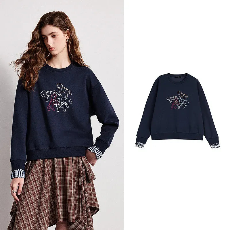 Women's Crewneck Patchwork Plaid Fake Two-Piece Loose Sweatshirt