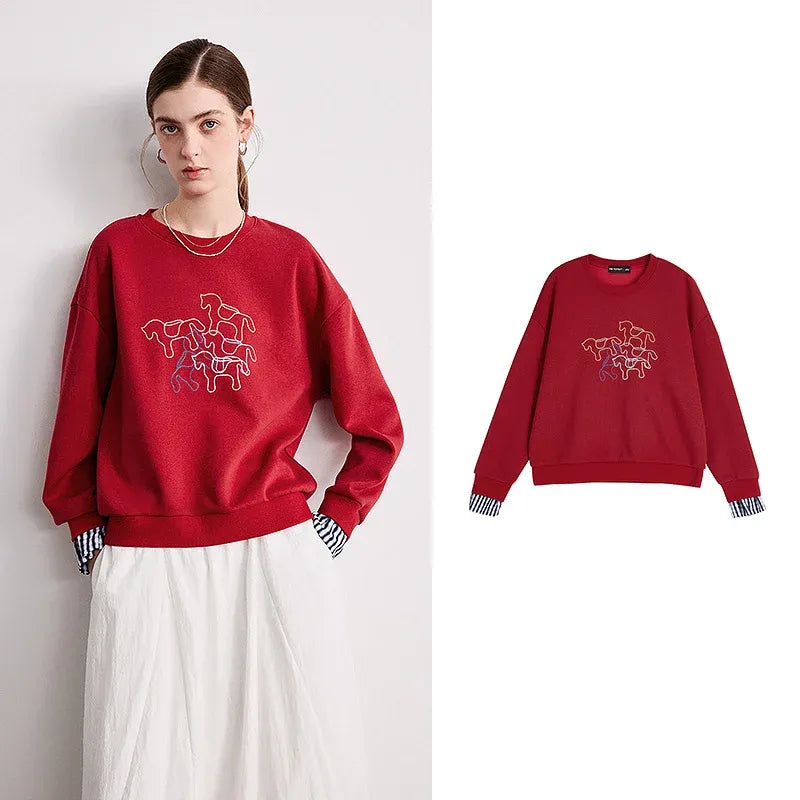 Women's Crewneck Patchwork Plaid Fake Two-Piece Loose Sweatshirt