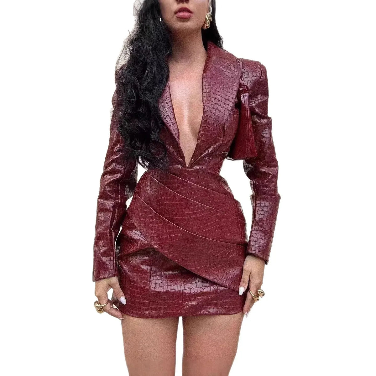 Women's Deep V-Neck Long Sleeve Ruched Faux Leather Bodycon Mini Dress Main image