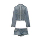 Women's Denim 2 Piece Set Stand Collar Cropped Jacket Shorts Outfit