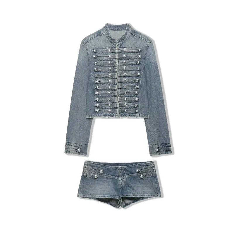 Women's Denim 2 Piece Set Stand Collar Cropped Jacket Shorts Outfit Main image