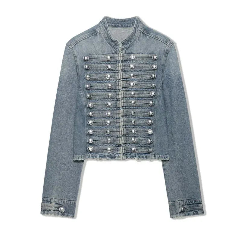 Women's Denim 2 Piece Set Stand Collar Cropped Jacket Shorts Outfit