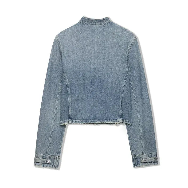 Women's Denim 2 Piece Set Stand Collar Cropped Jacket Shorts Outfit