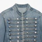 Women's Denim 2 Piece Set Stand Collar Cropped Jacket Shorts Outfit