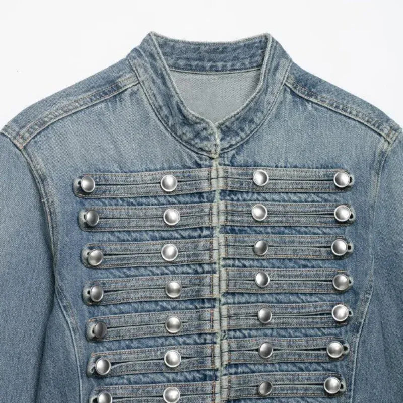 Women's Denim 2 Piece Set Stand Collar Cropped Jacket Shorts Outfit