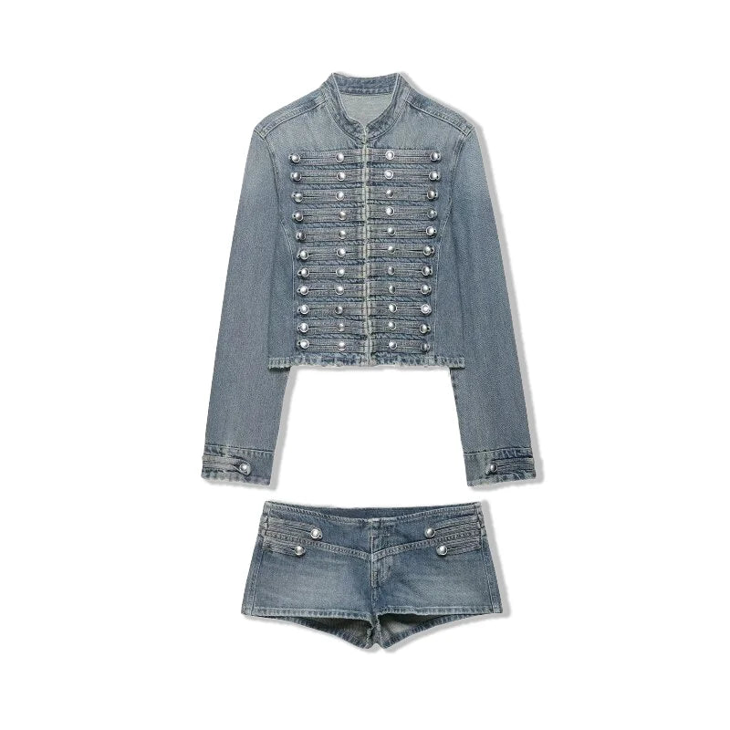 Women's Denim 2 Piece Set Stand Collar Cropped Jacket Shorts Outfit