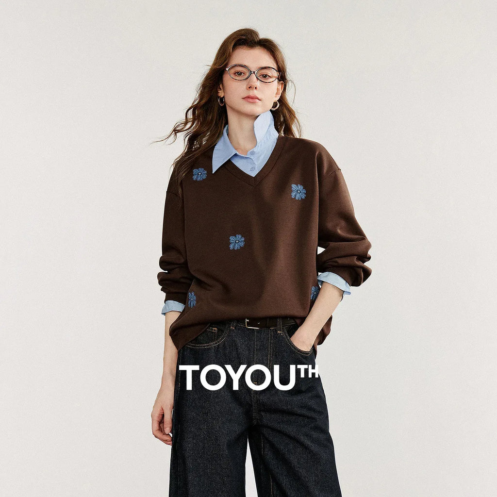 Women's Denim Flower Embroidery Fake Two Piece Splicing Sweatshirt