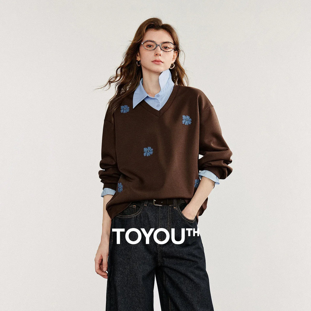 Women's Denim Flower Embroidery Fake Two Piece Splicing Sweatshirt